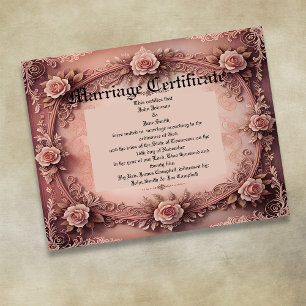 Poster Certificado de Casamento de Rosas Vintage Rosa