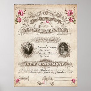 Póster Certificado de Casamento de Vintage de Rosas Antig
