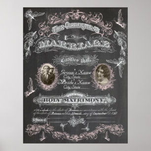 Póster Certificado de Casamento de Vintagem da Borboleta 