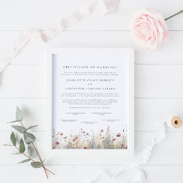 Poster Certificado de Casamento Elegante de Flores Selvag