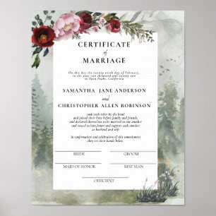 Poster Certificado de Casamento Floral Burgundy Dusty Ros