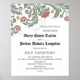 Poster Certificado de Casamento Floral de Rolagem Sagrada