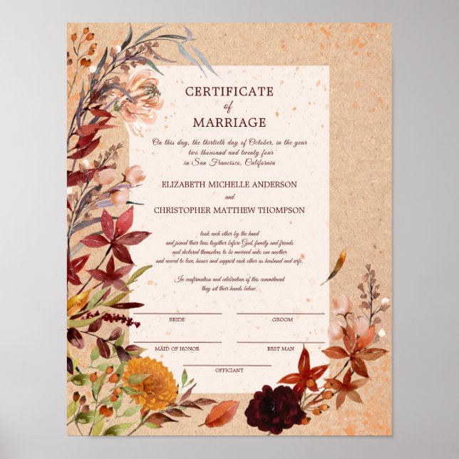 Poster Certificado de Casamento Floral Rustic Autumn Bloo (Frente)