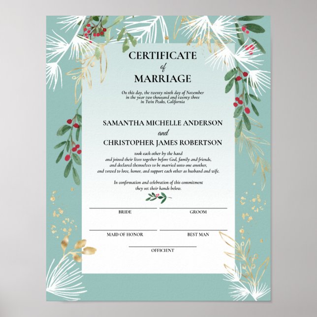 Poster Certificado de Casamento Holly Winter Holly de Pin (Frente)