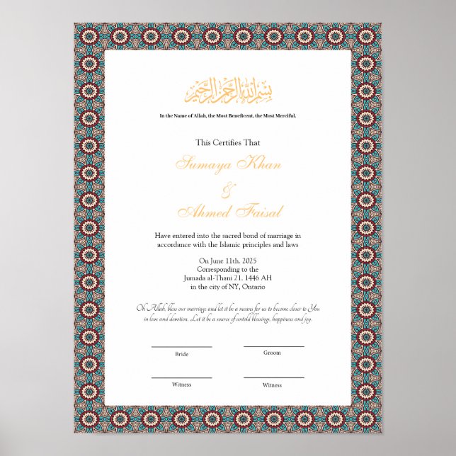 Poster certificado de casamento islâmico nikkah (Frente)