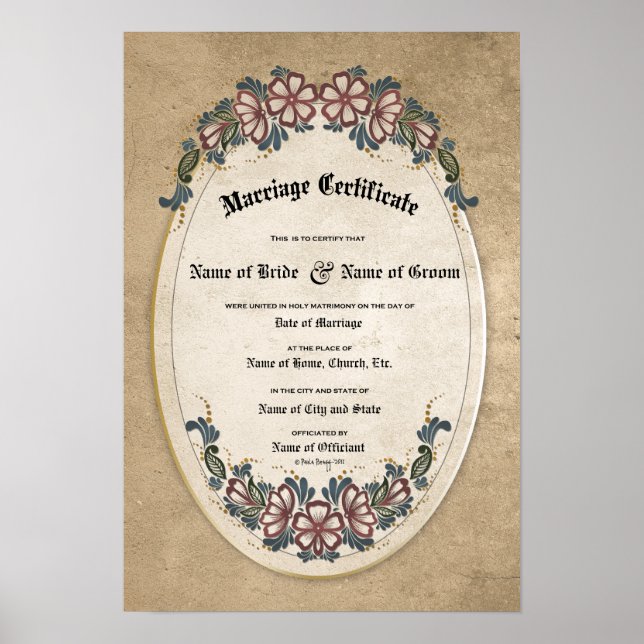 Póster Certificado de Casamento:(Lembrança Ornamental) (Frente)