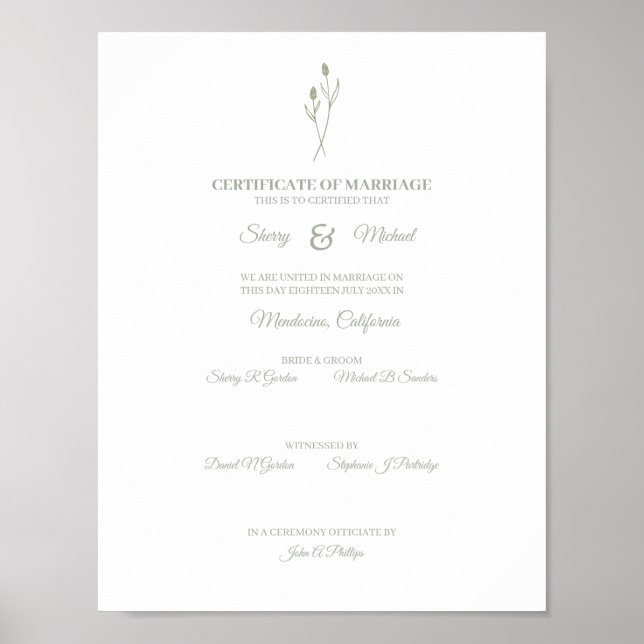 Poster Certificado de Casamento Simples Sage Floral Wildf (Frente)
