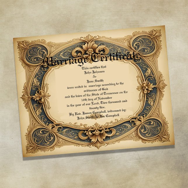 Poster Certificado de Casamento Vintage azul e dourado (Criador carregado)