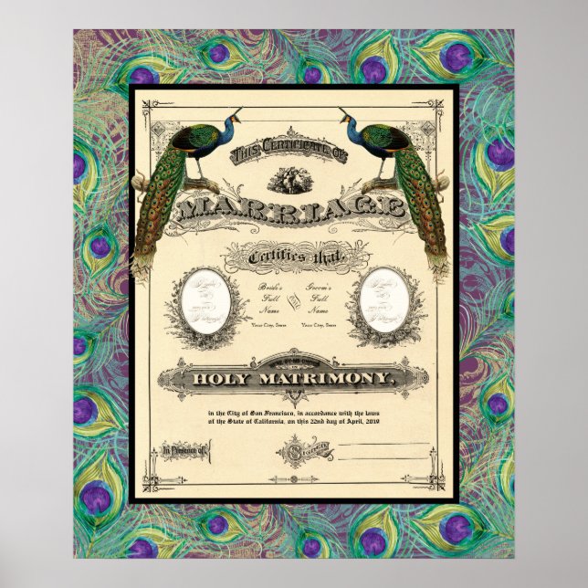 Póster Certificado de Casamento Vintage Design Moderno (Frente)