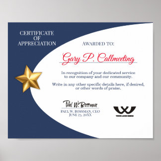 Poster Certificado de funcionário voluntário de apreciaçã