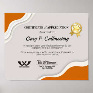 Poster Certificado de funcionário voluntário de apreciaçã