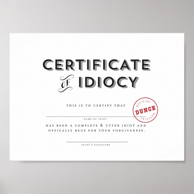 Póster Certificado de idiotice (Frente)