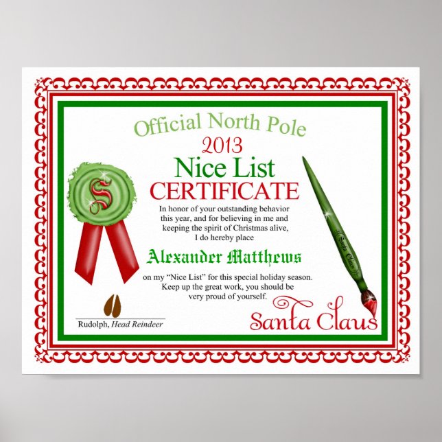 Póster Certificado de Lista de Nice de Santa Claus Oficia (Frente)