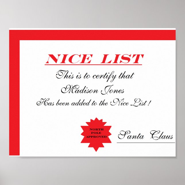 Póster Certificado de "Lista Nice" para Papais noeis pers (Frente)