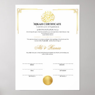 Poster Certificado de Nikah em Ouro Elegante com Selo