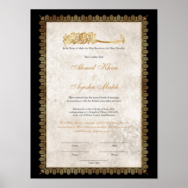 Poster Certificado de Nikkah Dourado para Casamento Islâm (Frente)
