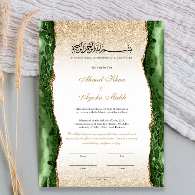 Poster Certificado de Nikkah Elegante Casamento Islâmico  (Islamic Nikah certificate template with Arabic and English calligraphy, elegant floral frame, Bismil)