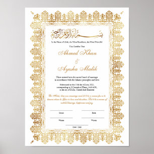 Poster Certificado de Nikkah em Ouro para Casamento Islâm
