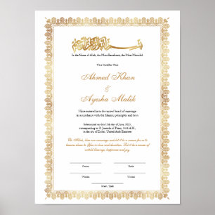 Poster Certificado de Nikkah em Ouro para Casamento Islâm