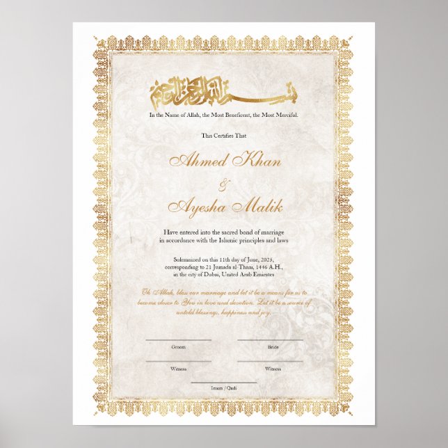 Poster Certificado de Nikkah em Ouro para Casamento Islâm (Frente)
