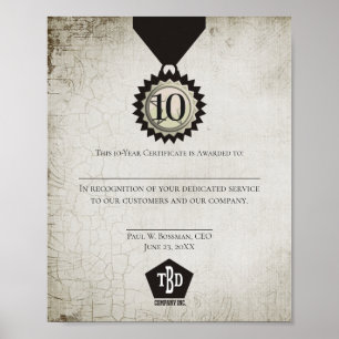 Póster Certificado de prêmio de aniversário de funcionári