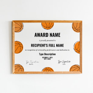 Poster Certificado de prêmio de basquete, prêmio mvp