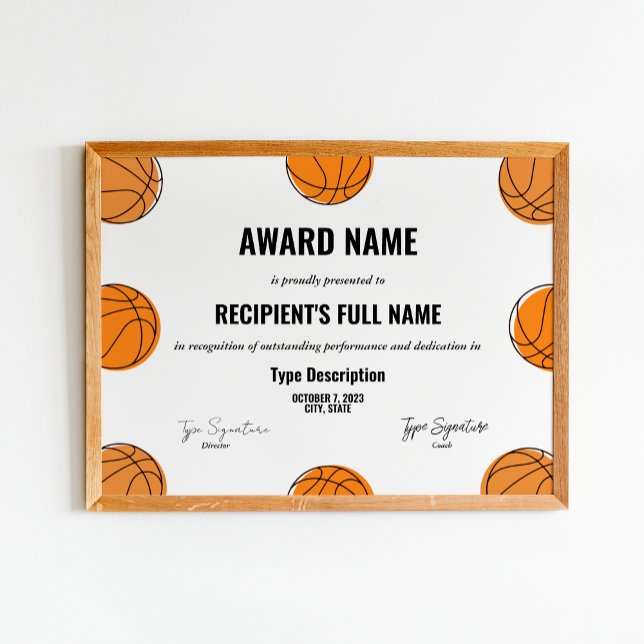Poster Certificado de prêmio de basquete, prêmio mvp (Criador carregado)