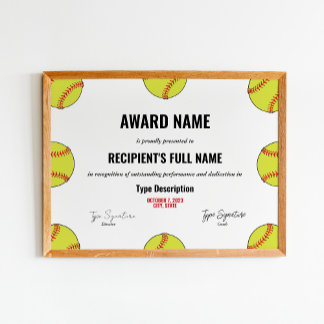 Poster Certificado de Prêmio de excelência em softball
