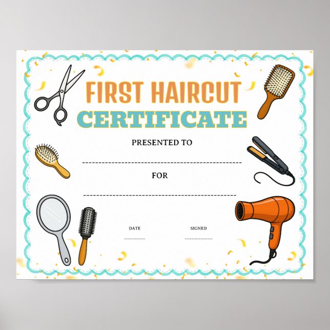 Poster certificado de primeiro corte de cabelo editável (Frente)