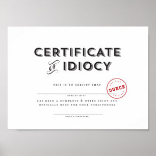 Póster Certificado do idiotice