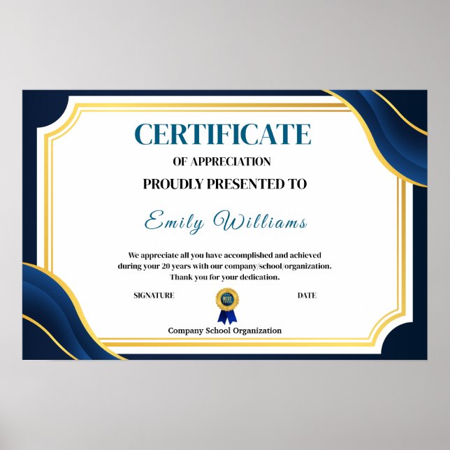 Poster Certificado Dourado de Apreciação Personalizada P (Frente)