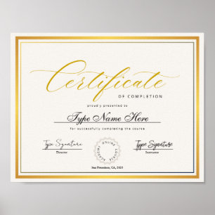 Poster Certificado Dourado de conclusão, diploma de prêmi