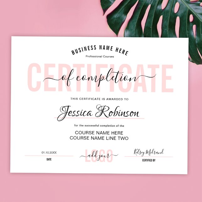 Poster Certificado Feminino Rosa Premiação Baixar (Modern blush pink and white certificate of completion - can be ordered printed or downloadable)