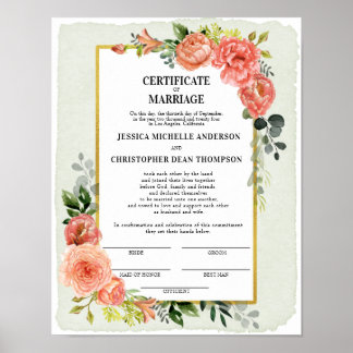 Poster Certificado Floral de Pessegueira de Casamento