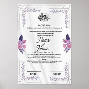 Poster Certificado floral islâmico de nikkah púrpura