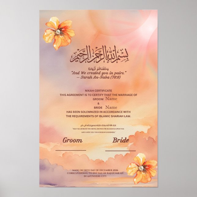 Poster Certificado Islâmico de Nikah Flor de Pêssego e Pé (Frente)