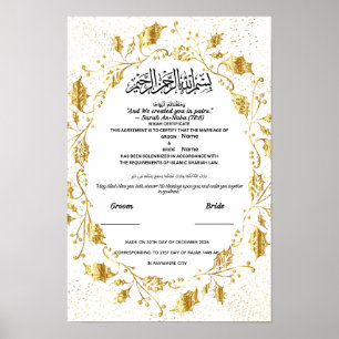 Poster Certificado Islâmico de Nikah Folha Dourada Elegan