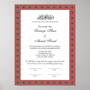 Poster Certificado nikkah de quadro vermelho