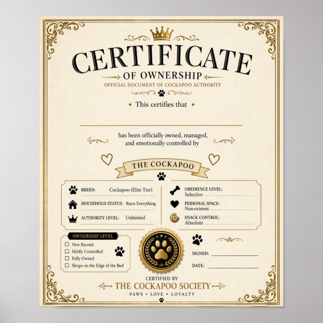 Poster Certificado Personalizado de Proprietário de Cocka (Frente)