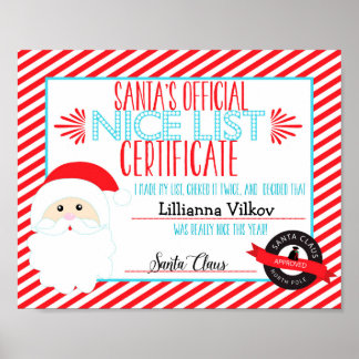 Póster Certificado Personalizado Santa Claus Lista Nice