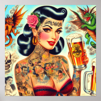 Poster Cerveja com Pin-up Tatuada