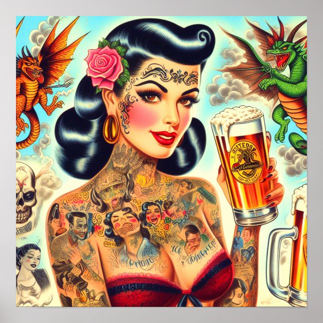 Poster Cerveja com Pin-up Tatuada (Frente)