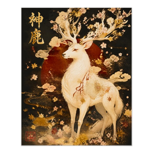 Póster Cervo Branco Celestial | Arte da Mitologia Japones (Frente)