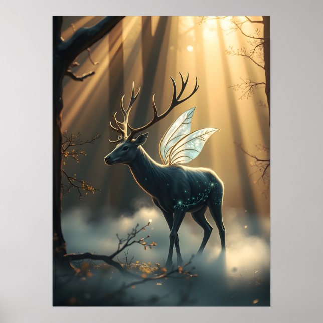 Poster Cervo da Floresta Mística com Asas de Fada (Frente)