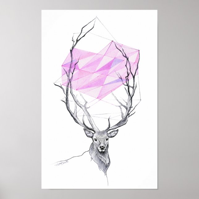 Poster Cervo e desenho de coração geométrico rosa Arte an (Frente)