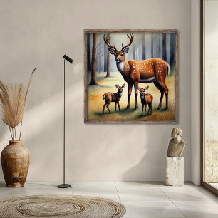 Poster Cervo e Filhotes na Floresta Animais Selvagens