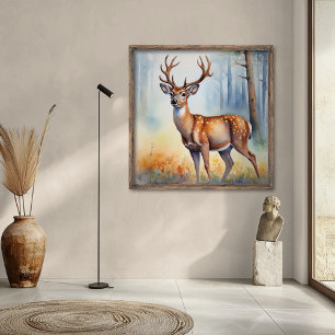 Poster Cervo Elegante em Paisagem Florestal com Luz Doura