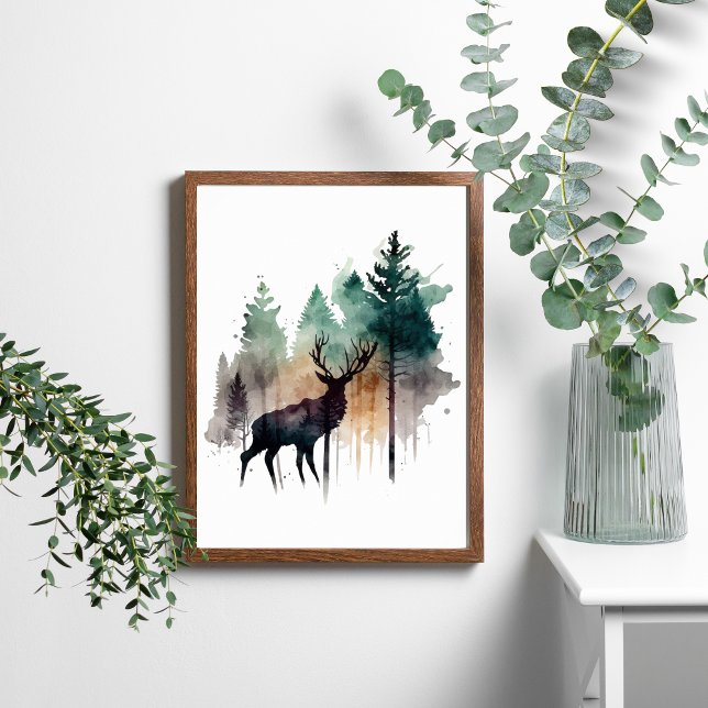 Poster Cervo em Aquarela nas Árvores da Floresta Natureza (Criador carregado)