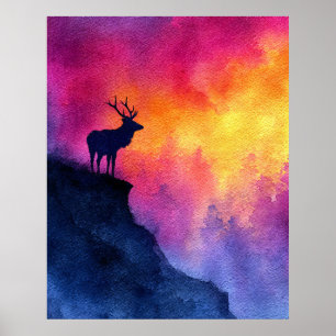 Poster Cervo em Aquarela no Penhasco ao Pôr do Sol
