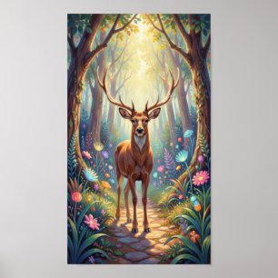Poster Cervo Etéreo em Caminho de Floresta Luminosa